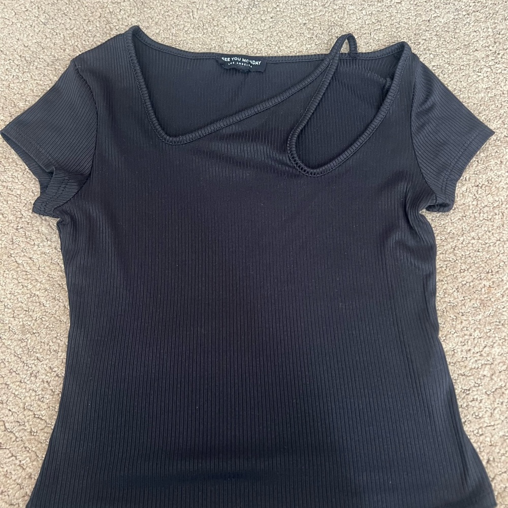 See You Monday Black Ribbed Short Sleeve Top